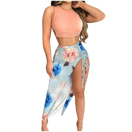 

Floleo Women s Tops Clearance Summer Print Sleeveless Crewneck Pullover Crop Tops+Sexy Elastic Skirt Set