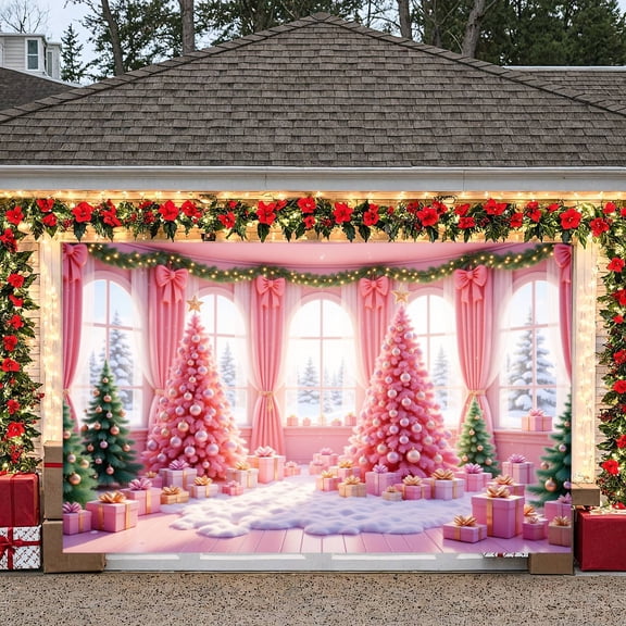 Festive Backdrop Christmas Tree Holiday Scene Pink Decor Winter Wonderland Banner for Family Gathering Seasonal Celebration Indoor Decoration