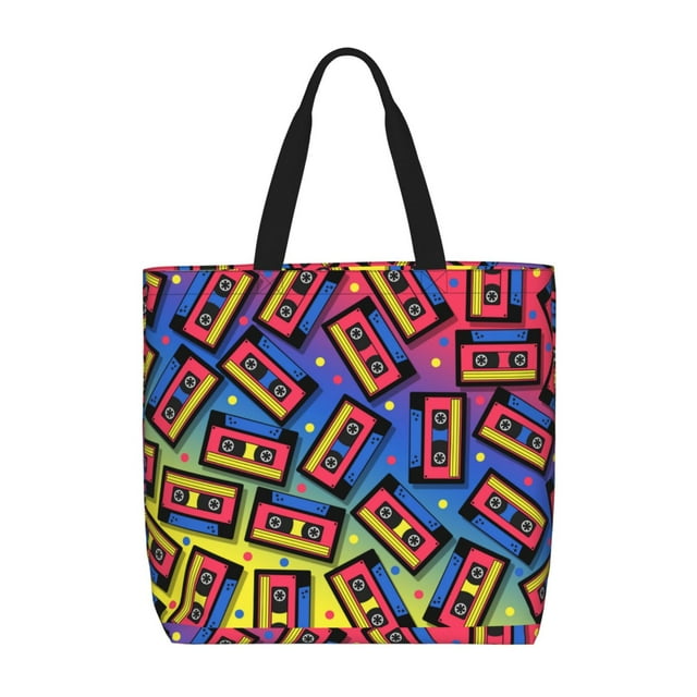 Wukai Sac d'Épicerie Réutilisable Imprimé Cassettes Audio Vintage avec Fermeture Éclair Poignée de Courses Adapté pour Sac Quotidien Extérieur