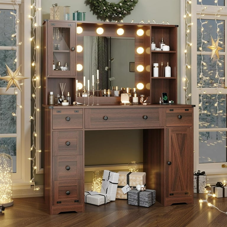 Free Shipping Makeup Vanity Desk with Mirror and Lights Farmhouse Vanity Table Dressing Table with Charging Station and Lights and Drawers for Women Girls Walnut Brown Walmart Walmart