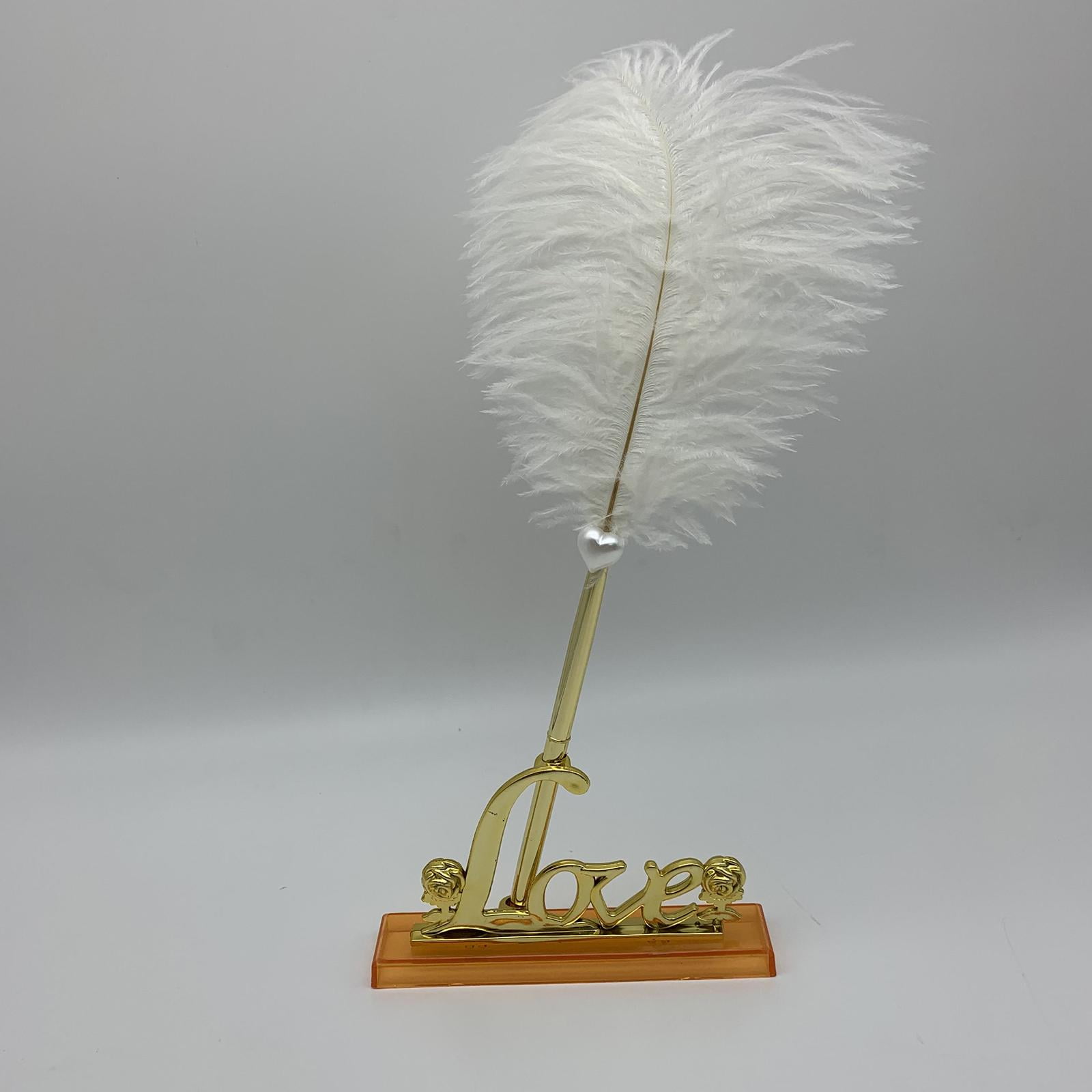 Yunhgft White Feathers Signing Pen with Gold Plated Metal Love Holder Wedding Pen Set