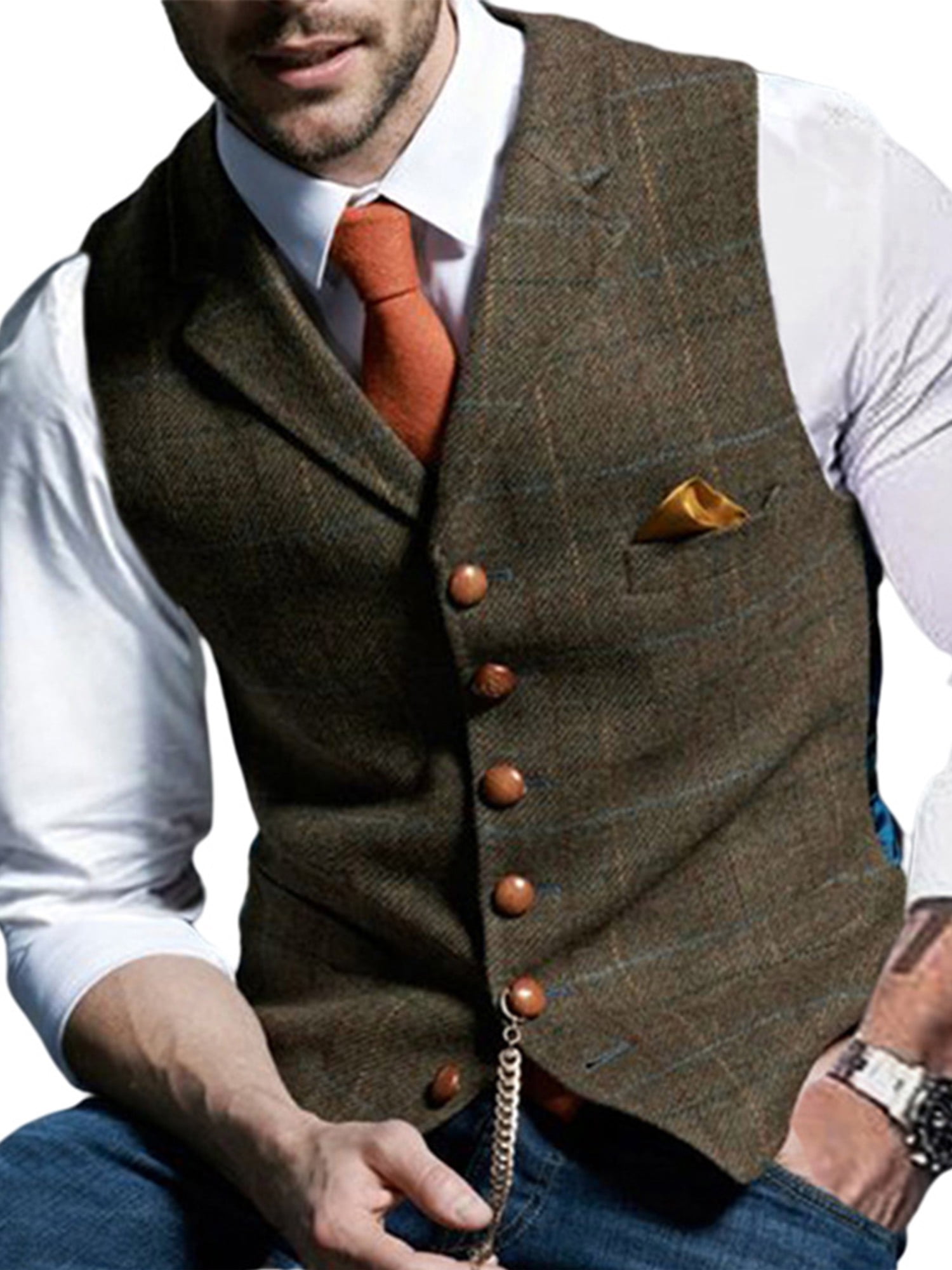 Pretygril Mens Leisure Suit Vest Slim Fit Wool Tweed Solid Waistcoat Groomman
