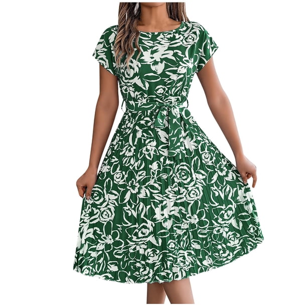 Vestido Corto de Verano Elegante Estampado Cintura Grande Doblado Plisado, Cuello en V de la Mitad de la Manga para el Uso Diario, de Primavera Y Casual