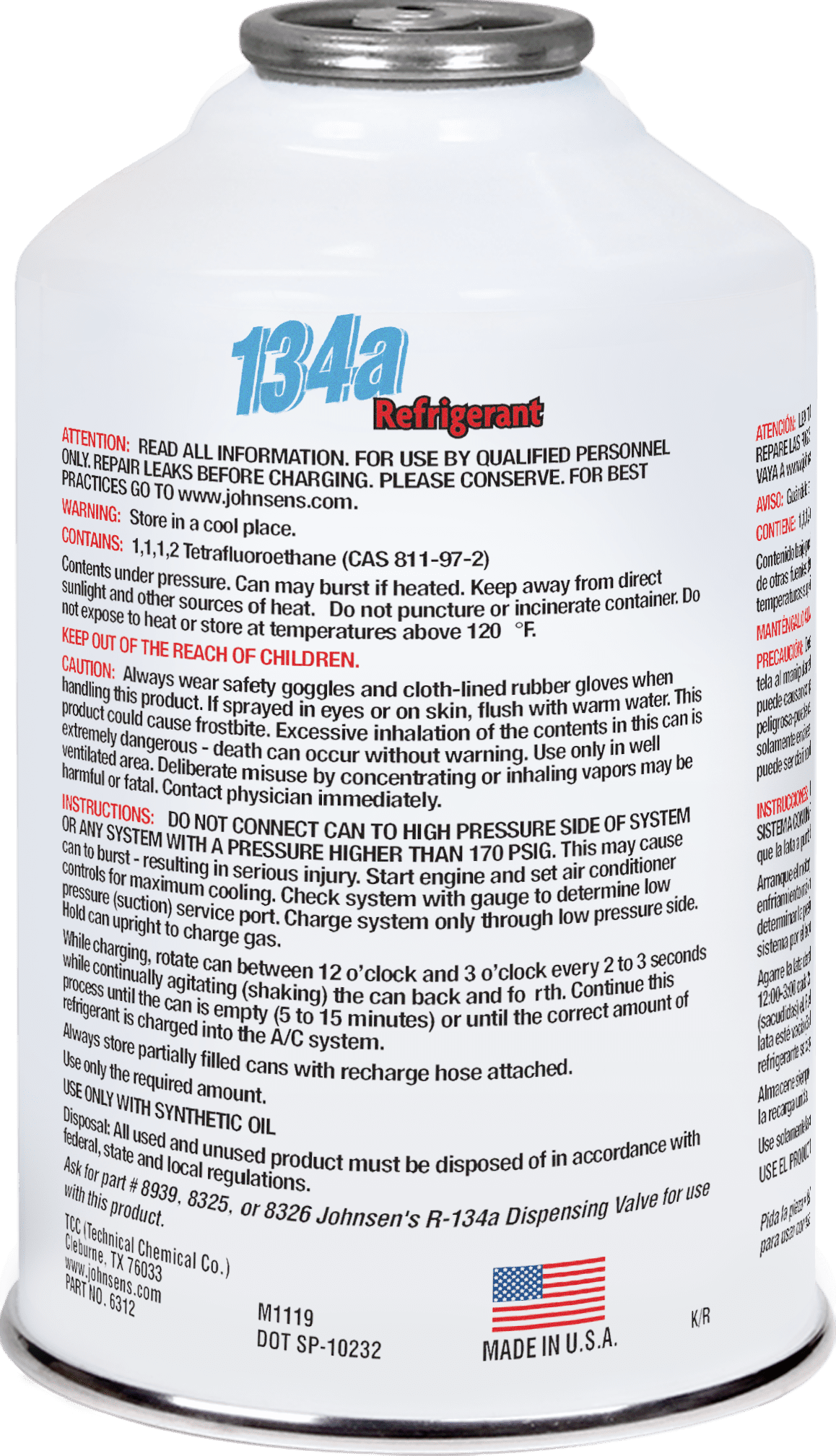 Johnsens 6312 R-134a A/C Refrigerant - Compatible Vehicle - 12 oz - Single (1 Count)