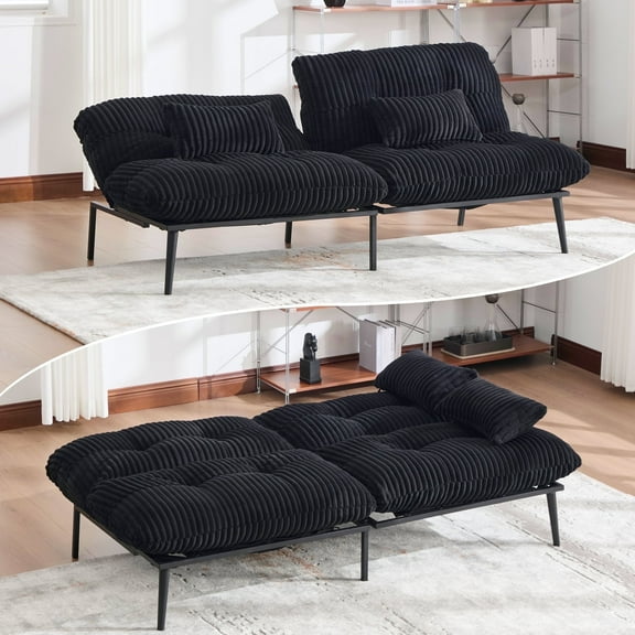 BINBANK 2-in-1 Convertible Corduroy Futon Sofa Bed – Folding Iron Frame Sleeper Couch with Adjustable Backrest, Loveseat for Living Room, Apartment