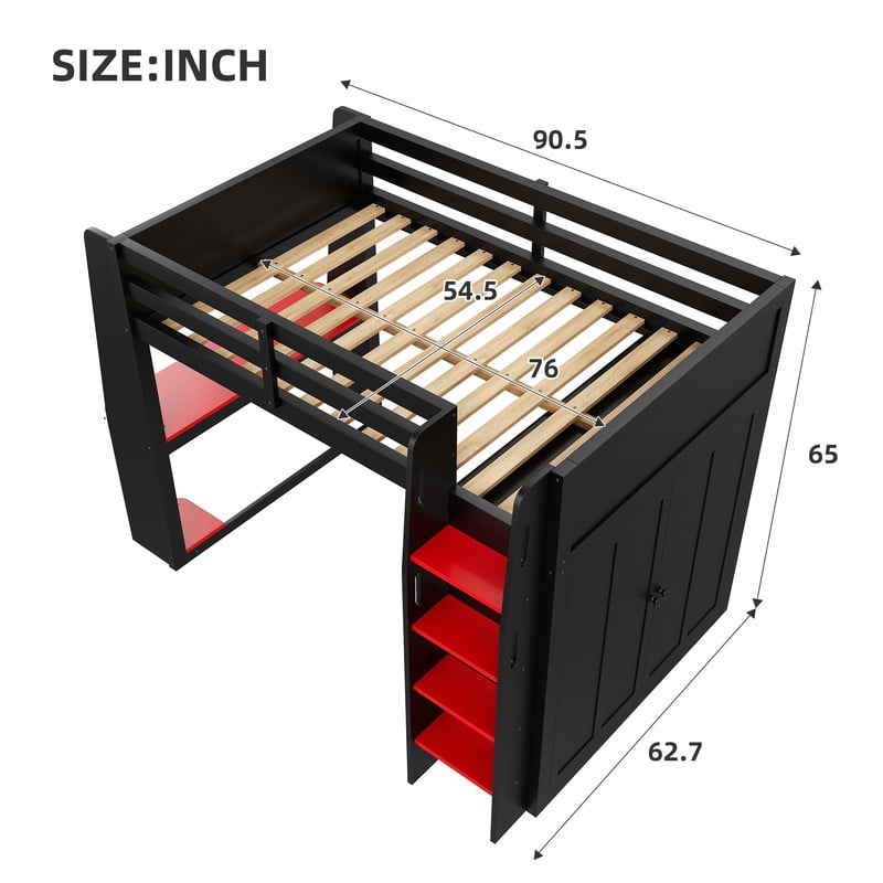 Full Size Wooden Loft Bed with Built-in Desk & Charging Station, Kids Storage Bed Frame with LED Light & Double Door Wardrobe