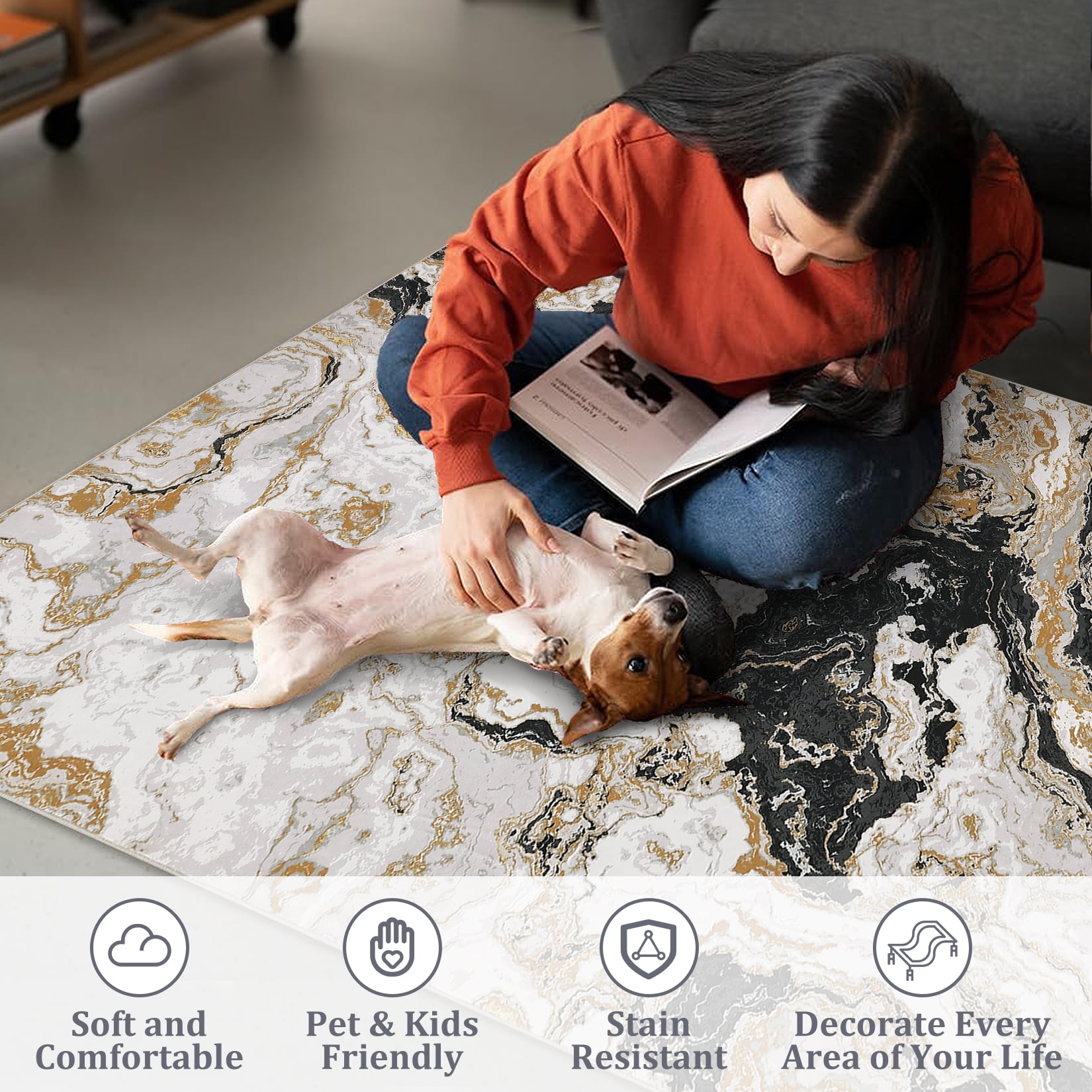 Modern Abstract Marble Print Area Rug 4' x 6'– Soft, Washable, Non-Slip & Non-Shedding(Black)