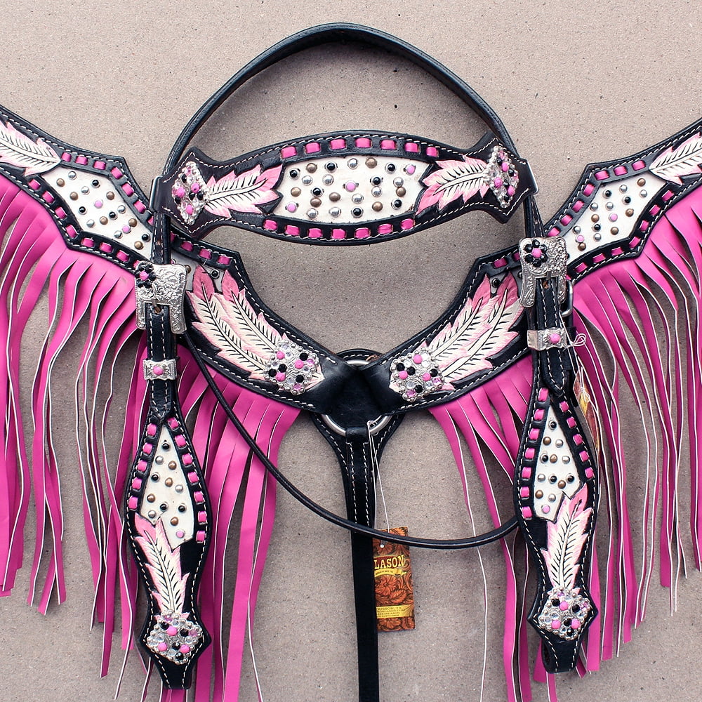 LEATHER HORSE BEADED HEADSTALL BREAST COLLAR BLACK WHITE PINK FRINGES