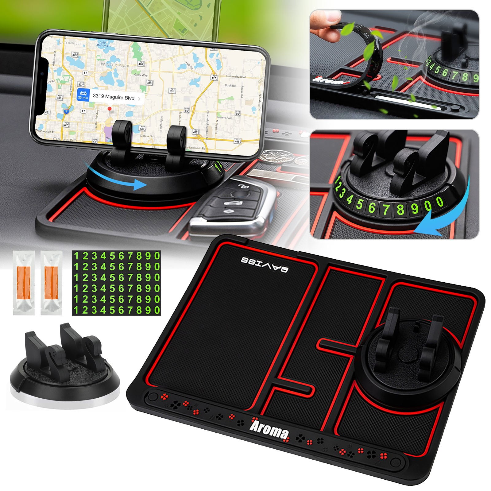 4-in-1 Non-Slip Phone Pad for Car, EEEkit Universal 360° Rotating Car Phone Holder, Multifunctional Dashboard Phone Mat Holder with Temporary Car Parking Card Number Plate and Aromatherapy