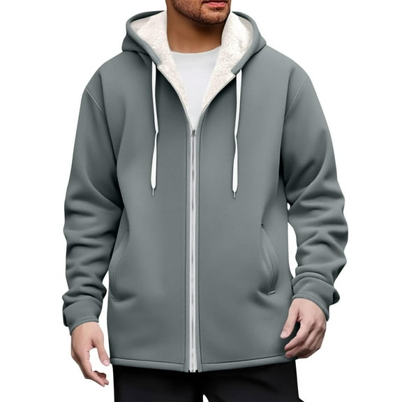 ZCFZJW Mens Full Zip Casual Hoodies Lightweight Soft Cotton Drawstring Hooded Sherpa Fleece Lined Thick Warm Pullover Sweatshirts Casual Long Sleeve Jackets with Pockets Gray XL