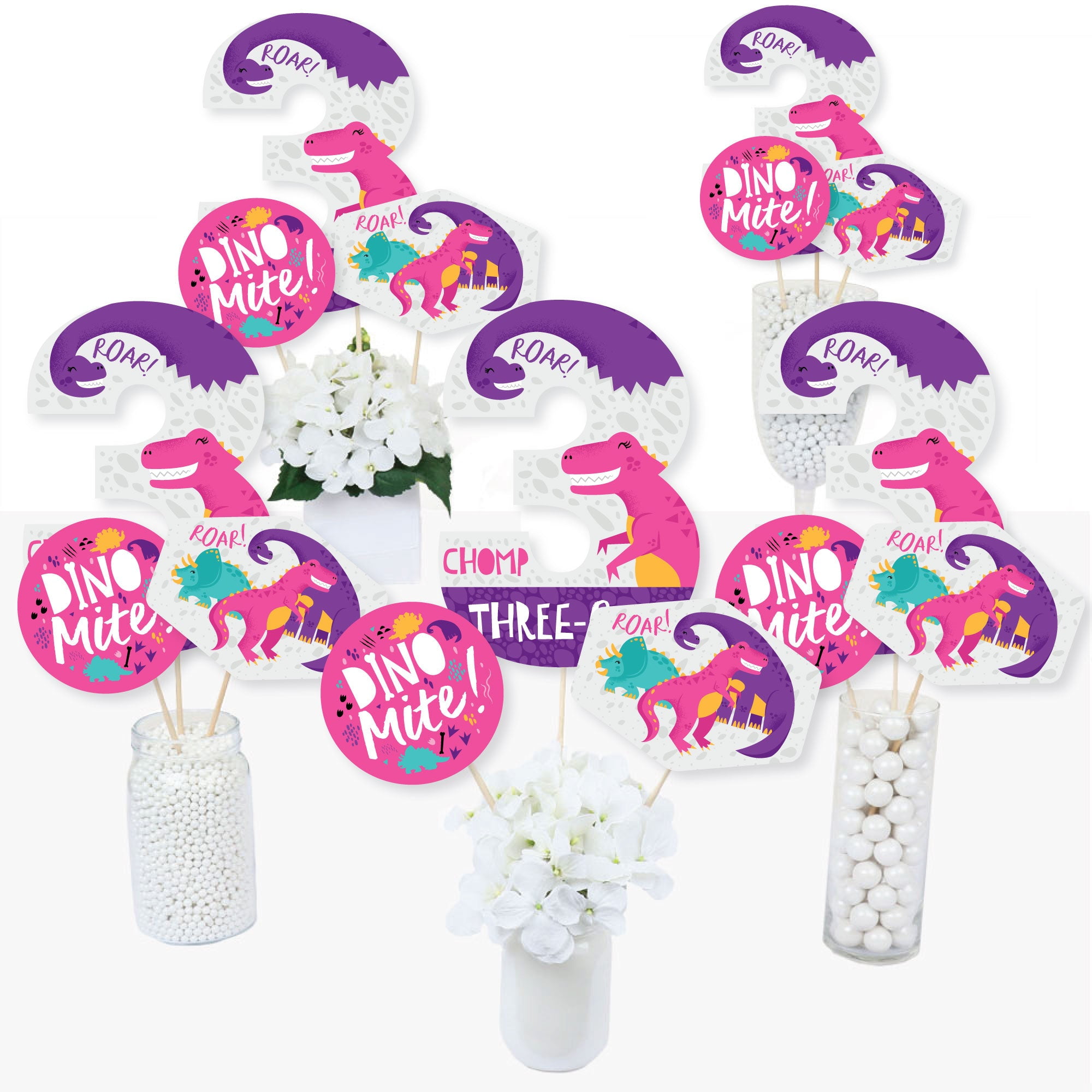 Big Dot of Happiness 3rd Birthday Roar Dinosaur Girl - Three Rex Dino Third Birthday Party Centerpiece Sticks - Table Toppers - Set of 15