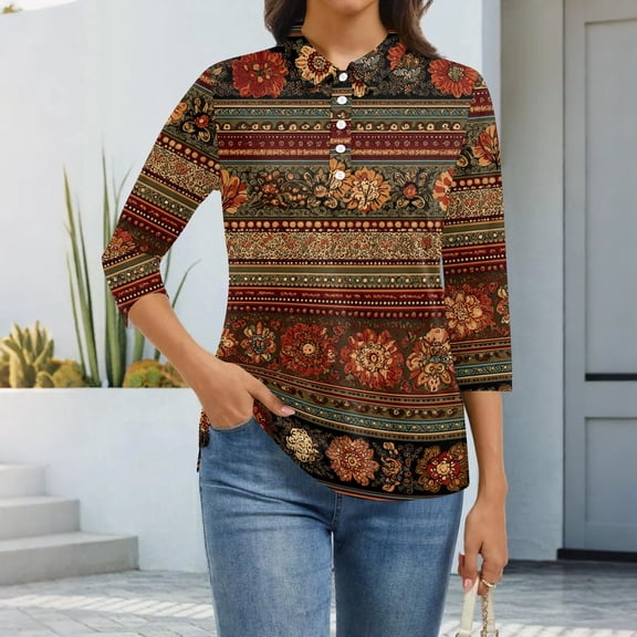 CCRFTGI 3/4 length sleeve womens tops Casual Polo Shirts Golf Lapel V Neck Collared T Shirts Fall Vintage Ethnic Print Loose Fit Button Up Tops Ginger XXL
