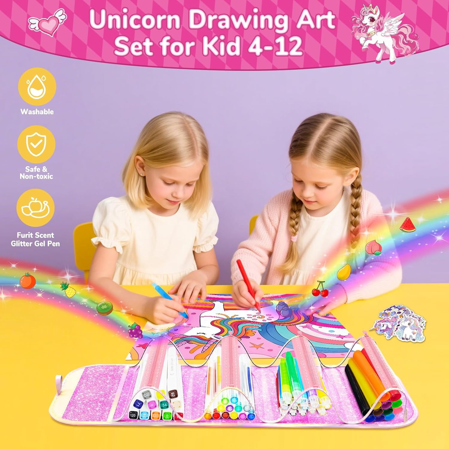 70PCS Unicorn Washable Markers Set with Glitter Case,Supplies for Kids Ages 4-6-8,Drawing Coloring Craft Kits for Girls with Marker,Glitter Pens,Crayon,Birthday Gifts Toys for Girls