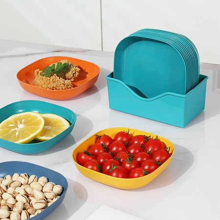 

Riguas 12Pcs Spit Bone Dish with Storage Holder Japanese Style Food Grade Plastic Square Solid Color Utensil Multi-functional Table Snake Fruit Plate Tray Kitchen Supplies