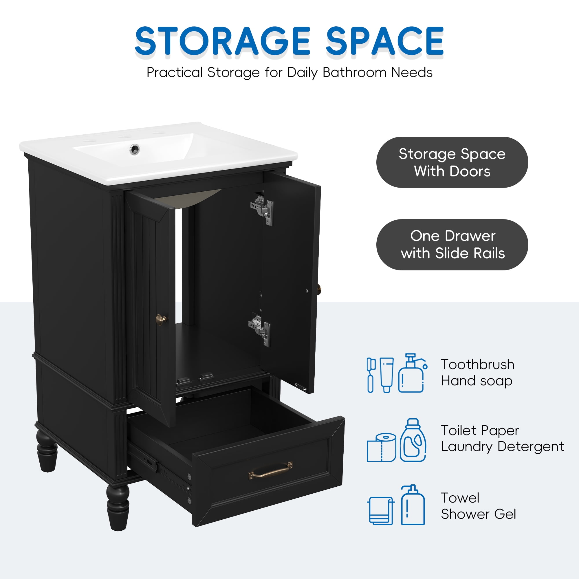 Euroco 30" Bathroom Vanity with Semilune Ceramic Sink, Real Wood & MDF Cabinet with Drawer, 3-Hole Faucet Mount