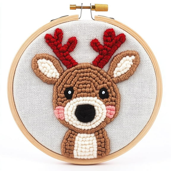 Punch Needle kits Cute Reindeer Face Easy for Beginners DIY Punch Needle Yarn Starter Embroidery Set for Craft Lovers with Printed Pattern and Hoop for Home Decor 20x20cm