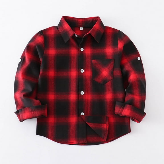 ATOGUTA Winter Coats for Boys Breathable Woven Boys Long Sleeve Button Down Shirts Classic Plaid Shirt Size 1T-13, Red