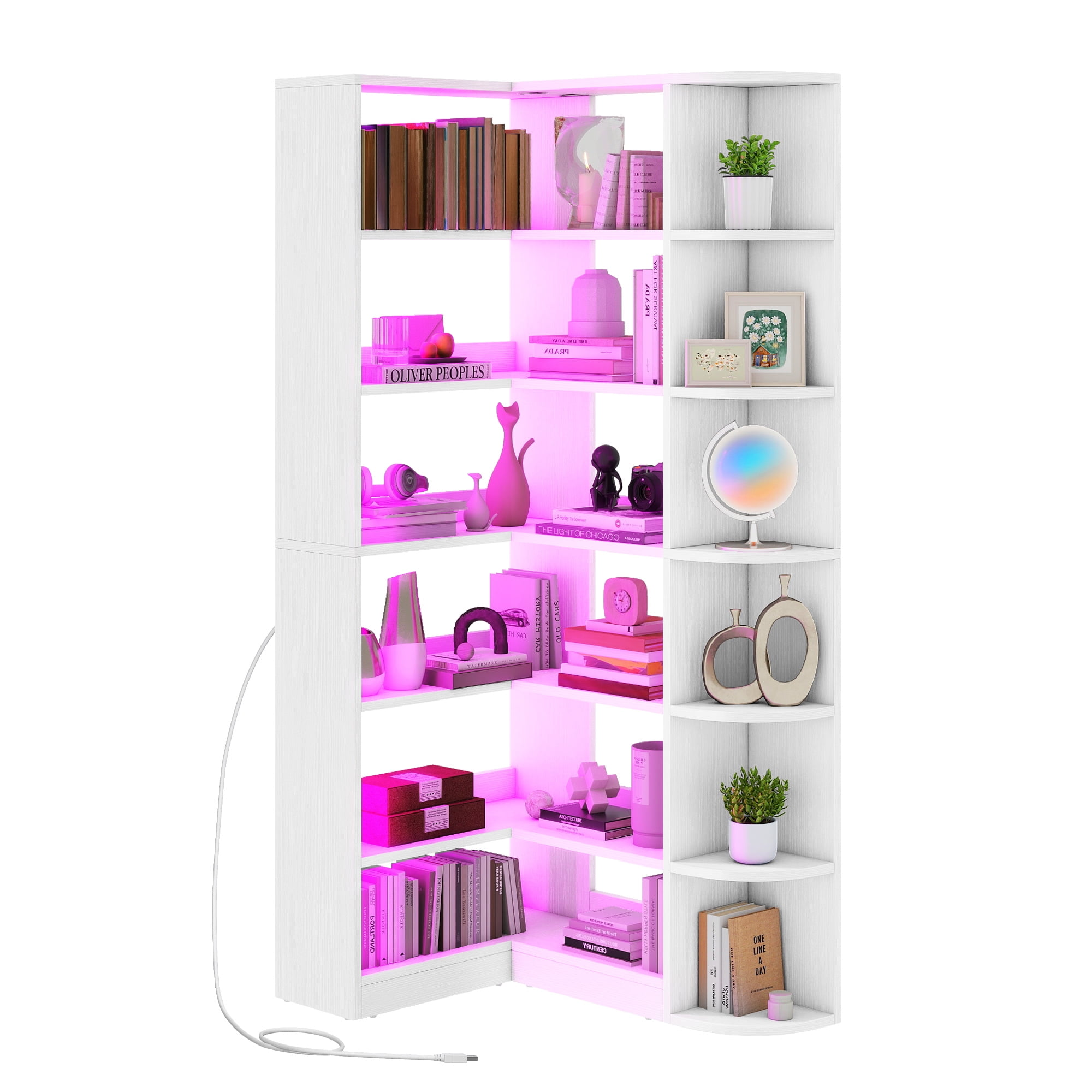 Uforic 6 Tier Bookshelf with LED Light, 70.8 " Modern White Bookcase, L-Shaped Bookcase Corner shelf Storage Organizer Display Shelf for Home Office, Living Room,Bedroom