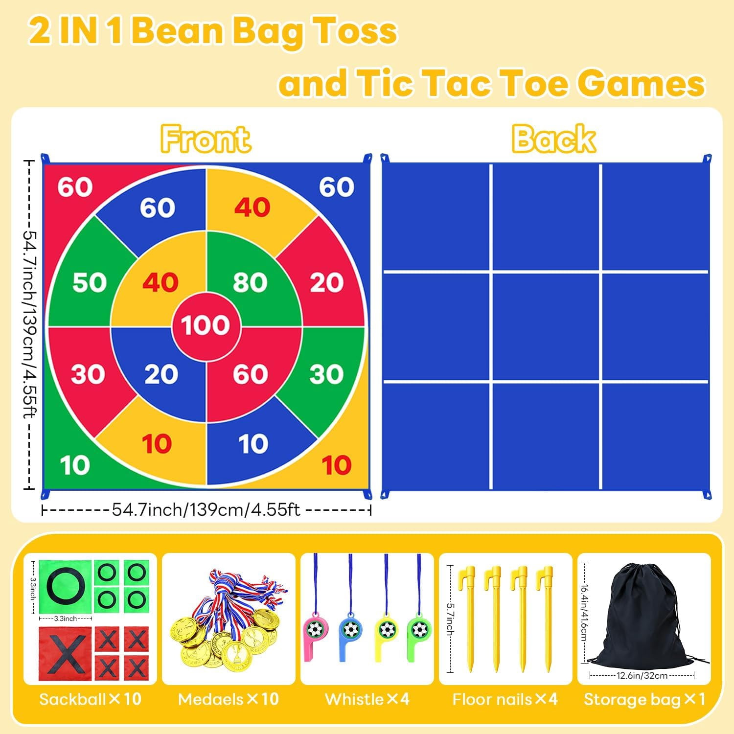 2-in-1 Giant Tic Tac Toe Bean Bag Toss Games, 4.5ft Double Sided Large Outside Camping Backyard Lawn Games for Family Friend Party Fun Carnival Outdoor Giant Yard Games