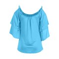 thumbnail image 5 of Pincandy Women's Summer Printing Strappy Cold Shoulder T-Shirt Cold Shoulder Tops Summer Sexy Casual Short Sleeve Ruched Scoop Neck Banded Bottom Shirts Blouse,Sky Blue,2XL, 5 of 5
