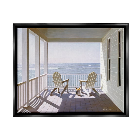 Stupell Industries Porch Chairs Overlooking the Tide Realistic Painting Jet Black Framed Floating Canvas Wall Art, 16x20, by Zhen-Huan Lu
