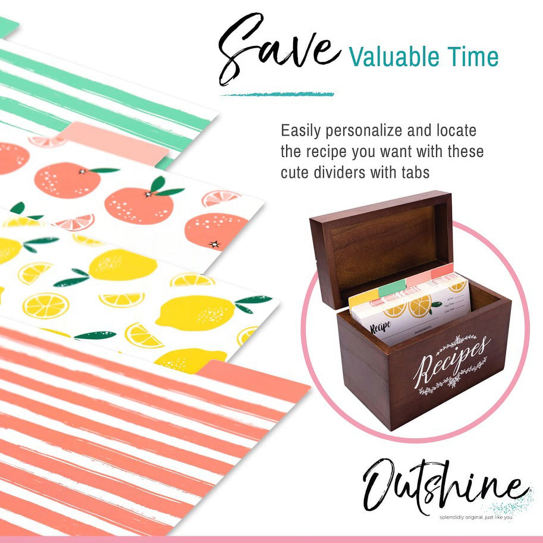 Outshine Co Premium Recipe Card Dividers 4x6 with Tabs, Peach/lemon Fruit Design (Set of 24)