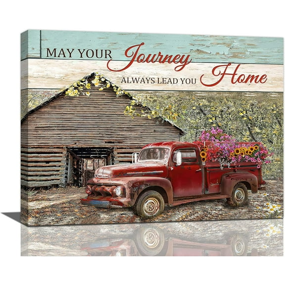 Country Red Truck Wall Art Old Barn Spring Flowers Wall Decor Rustic Prints Framed Modern Inspirational Quotes Farmhouse Car Painting Artwork for Bathroom Kitchen Dining Room Bedroom 16"x12"