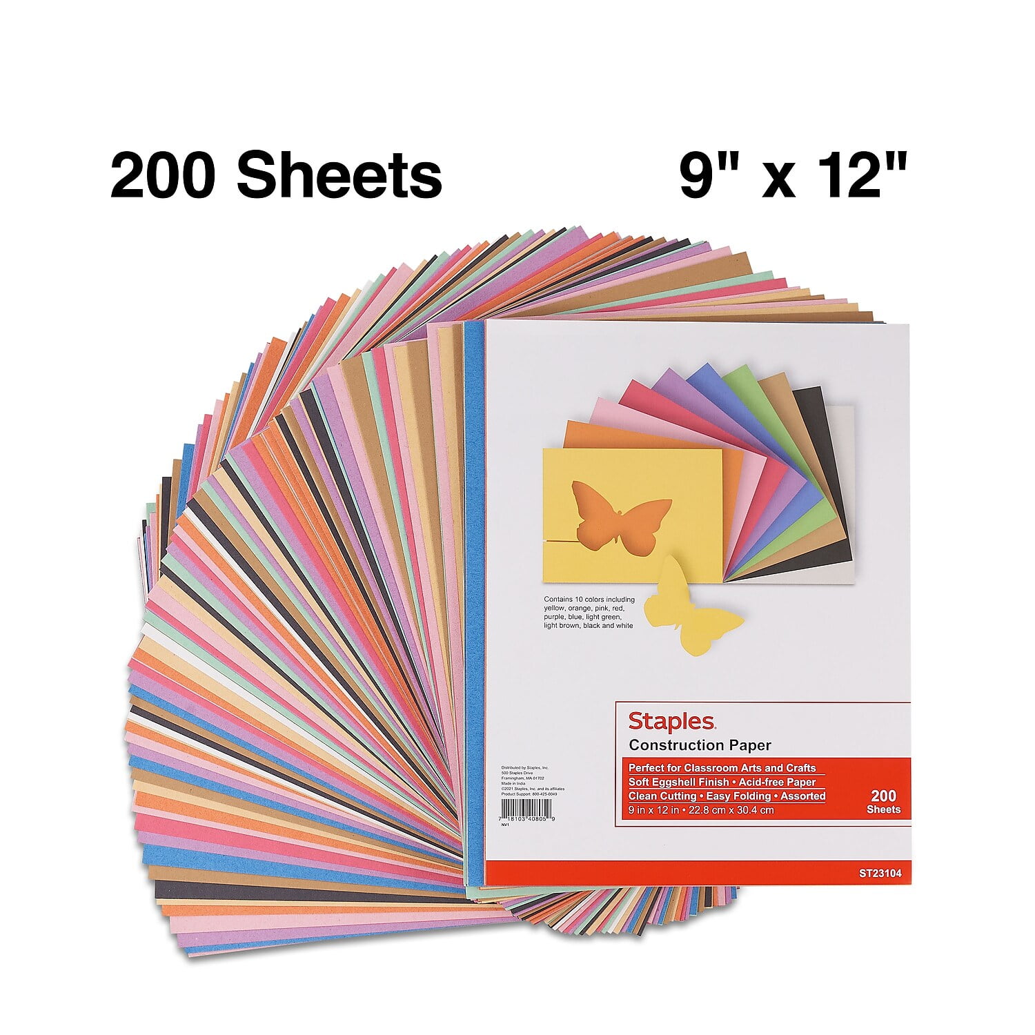 Staples Construction Paper 9" x 12" Assorted Colors 200 Sh./PK