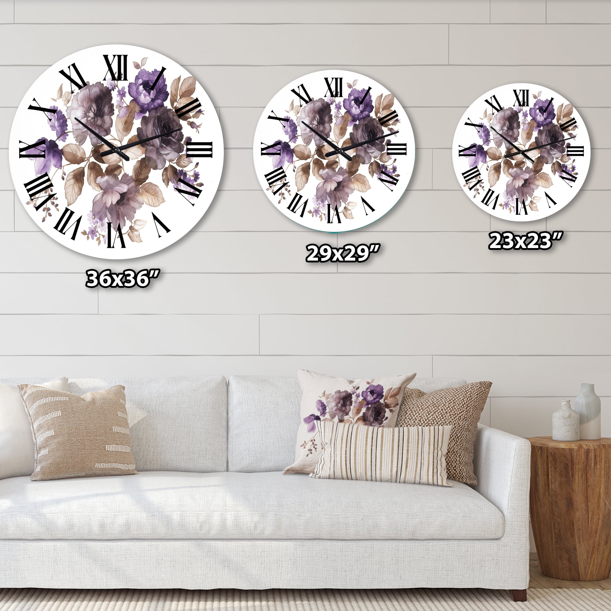 Designart 'Purple Retro Flowers With Brown Leaves' Traditional Wall Clock