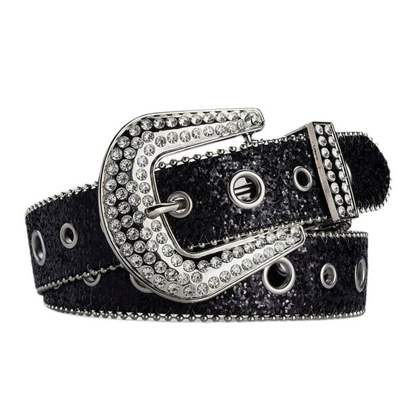 Defitshape Women's Rhinestone Belt Metal Adjustable Belts Fashion Vintage Sparkle Bling Medium Metal Buckle Black Small-X-Large
