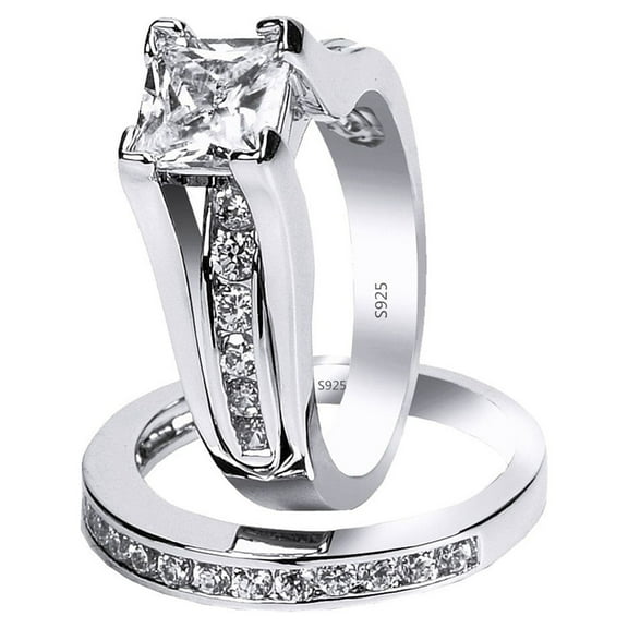 MABELLA 2.10 Carat TCW Classical Princess Cut CZ 925 Sterling Silver Wedding Rings Bridal Set