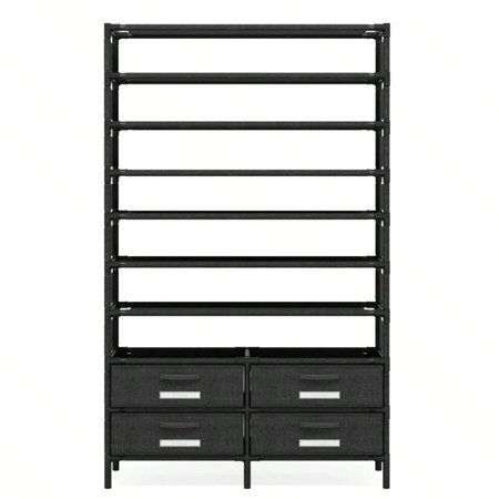JQDWMDLX 10 Tier Vertical Shoe Rack Organizer with 4 Large Bins Drawers for Closet Entryway 50 Pairs Shoe Free Standing Tall Shoe Shelf Storage Organizer for Bedroom Hallway Garage Black