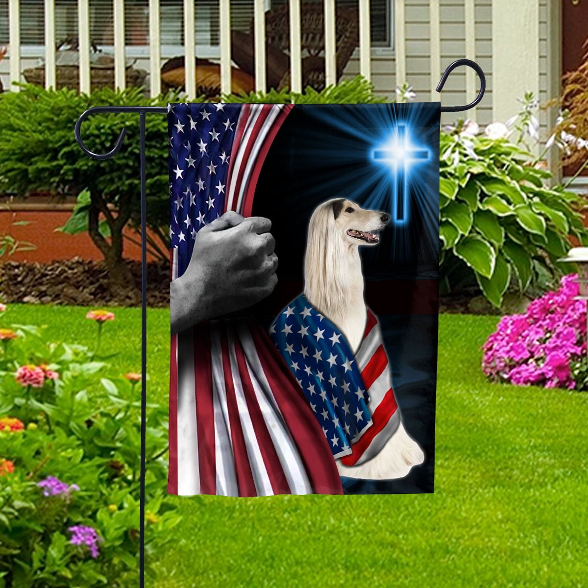 Hand Pulling USA Flag Afghan Hound Dog Wearing Flag American Standing under Cross Christian Patriotic House Flag (3x5) Double Sided- Premium Polyester-Decorative Indoor Outdoor Flag