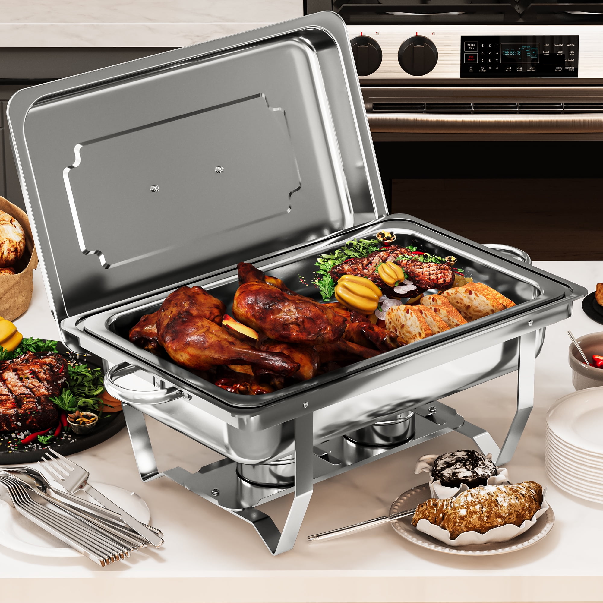 Dextrus 9L/9.5Q 6Pack Chafer Chafing Dish Buffet Sets Stainless Steel Serving Dish Catering Pans Food Warmer Full Size Rectangular Party Chafing Set