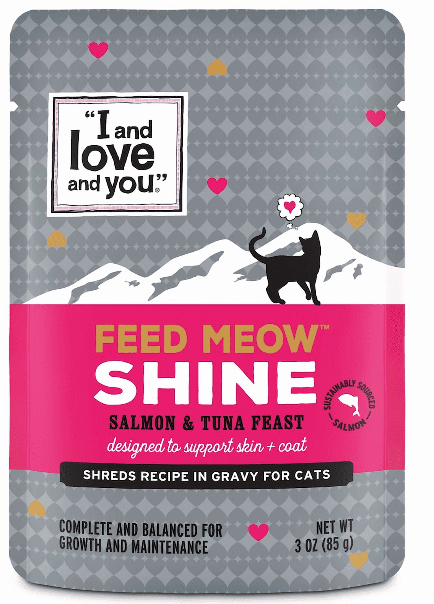 (2 pack) "I and love and you" Feed Meow Wet Cat Food Toppers, Shine Formula with Salmon and Tuna, Omegas 3 and 6 for Healthy Skin and Coat, Grain Free, No Fillers, 3oz Pouches, Pack of 12 Pouches