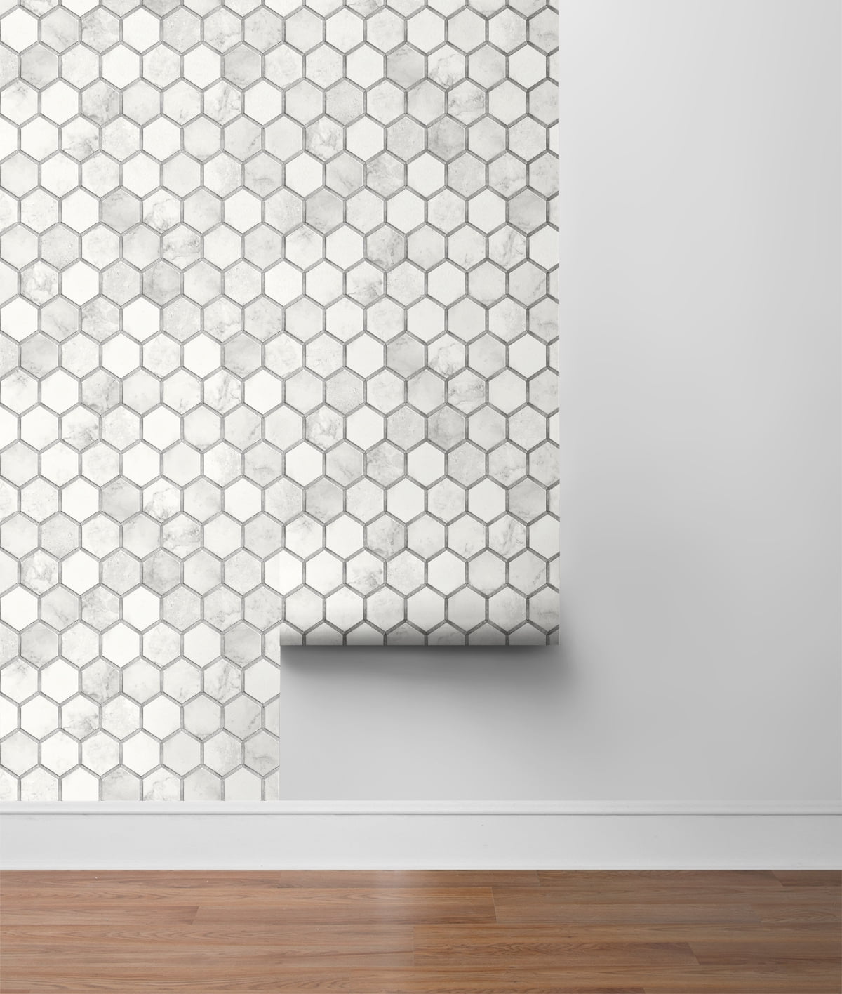 NextWall Carrara & Metallic Silver Inlay Hexagon Peel and Stick Wallpaper