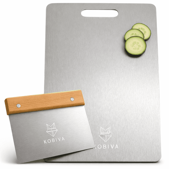 304 Stainless Steel Cutting Board with Bench Scraper & Wooden Handle | Food Grade, Large Metal Chopping Board, Dough Cutter, Dishwasher Safe | Kitchen Set for Meat, Bread, Vegetables & Pastry