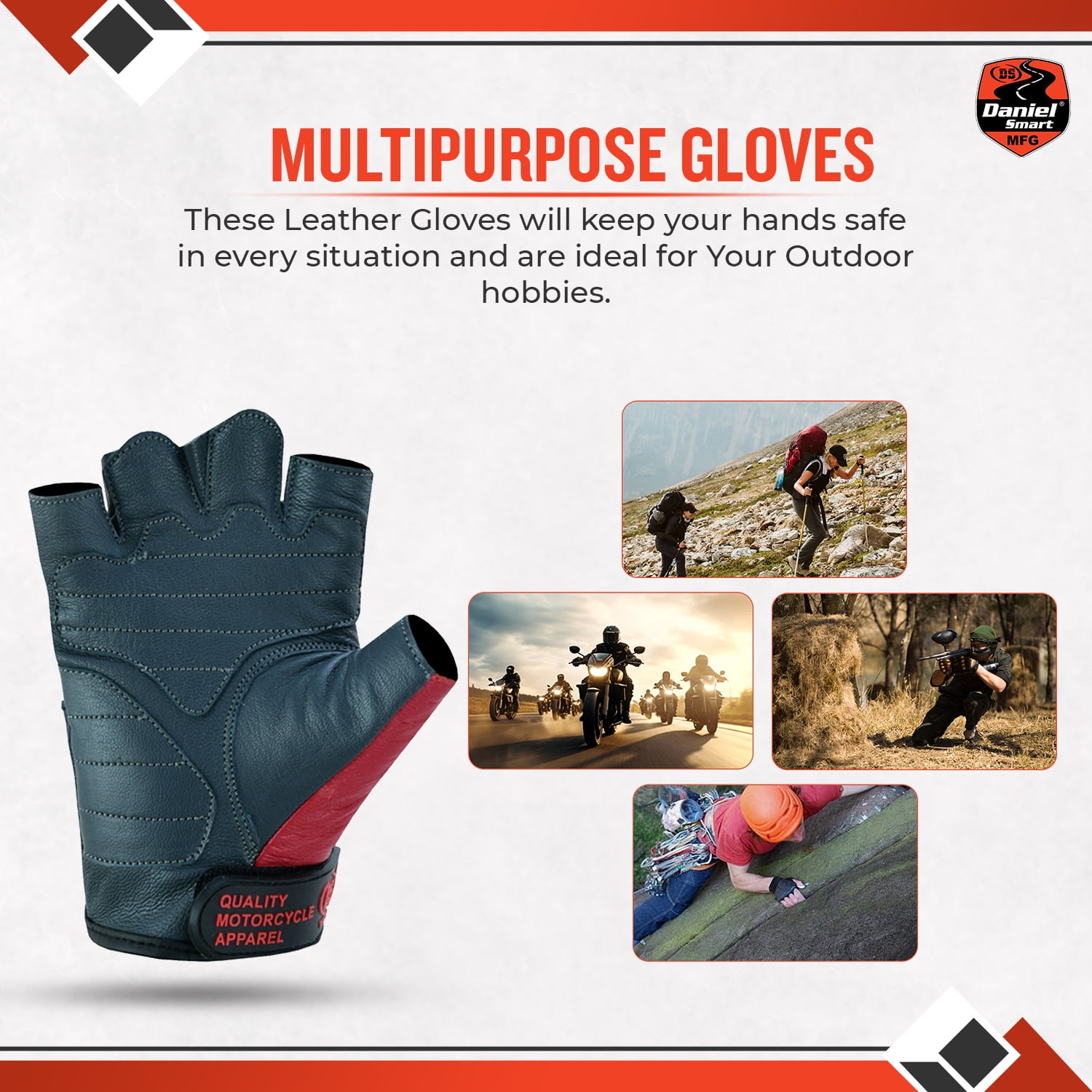 Daniel Smart Goatskin Leather Motorcycle Gloves for Men Fingerless Biker Gloves with American Flag and Reflective Star Design