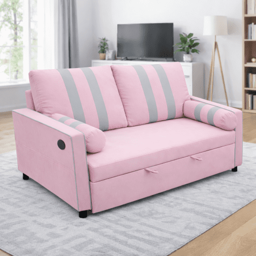 68.5 Inch Pink 2-Seater Pull Out Sleeper Sofa Bed with USB Charging Port, 3-Position Adjustable Backrest Convertible Loveseat for Living Room, Guest Room, Apartment