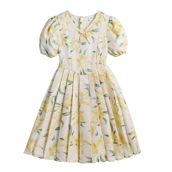 Ulitacool Girls Spring Dresses Short Sleeve Summer Country Style Printed Short Sleeved V Neck Dress With Knots And Floral Patterns Classic Playsuit Yellow 8-9 Years