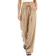 thumbnail image 2 of Women's Cotton Loose Casual Pants with Pockets, Mid Elastic Waist Drawstring, Solid Lightweight Soft Stretchy, Morning Lounge Beach Outdoor, Womens Trousers Long Straight Pants, 2 of 7