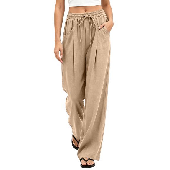 Usloyux Women's Wide Leg Drawstring Flowy Palazzo Pants with Pockets Elastic Casual Beach Vacation Trousers, Khaki S