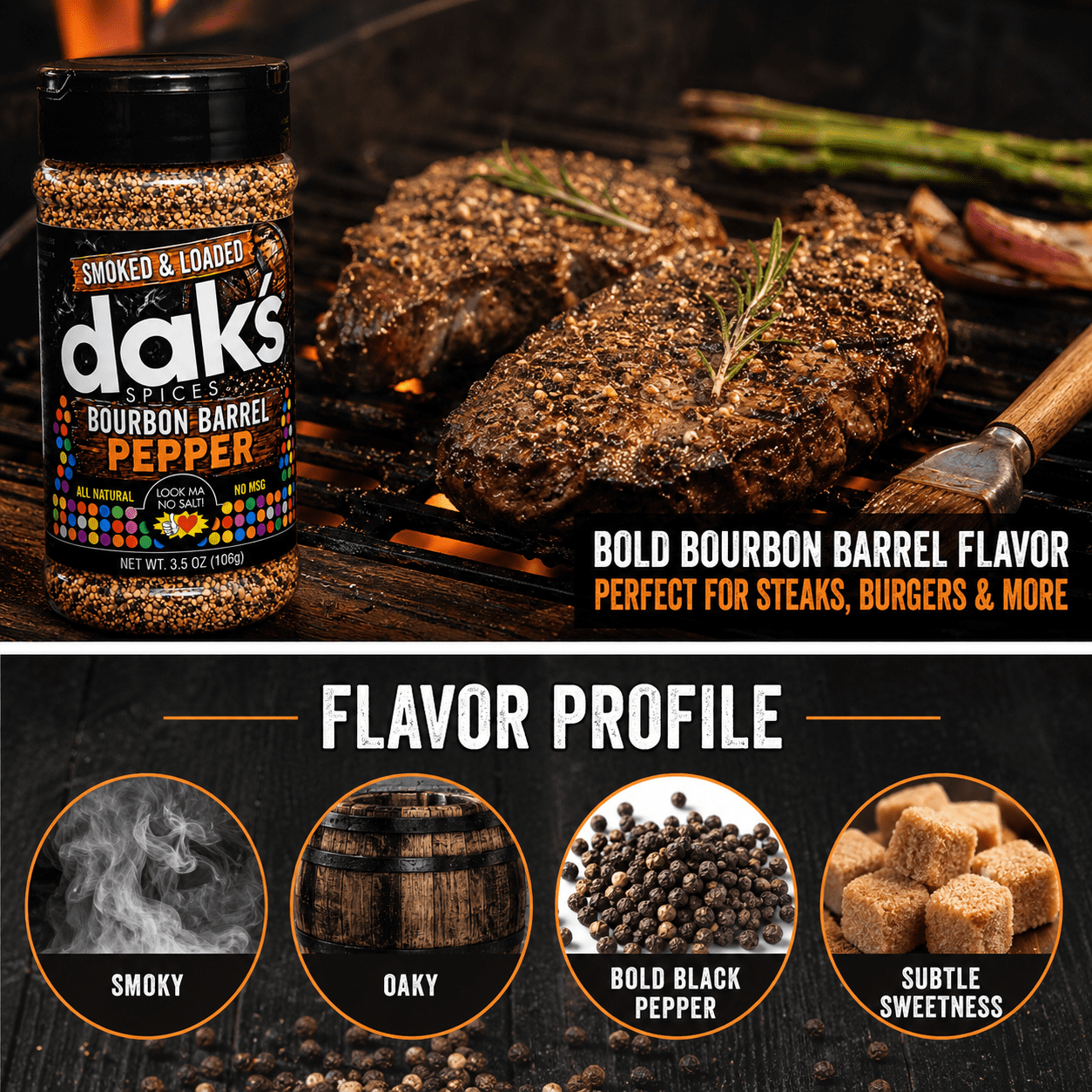 DAK's Smoked & Loaded Bourbon Barrel Pepper | Coarse Ground Black Pepper | Salt-Free Seasoning | 3.5 oz