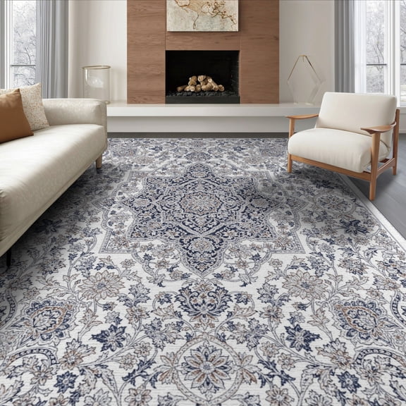 ODIKA 8'x10' Washable Area Rug Non-Slip Chair-Friendly Mat Ornamental Border Distressed Scroll Boho Center Bordered Vintage Flowing Dynamic for Dining Room, Large Office, Lounge
