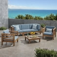 thumbnail image 4 of GDF Studio Cascada Outdoor Acacia Wood 5 Seater Sofa and Club Chair Chat Set with Cushions, Teak and Blue, 4 of 9