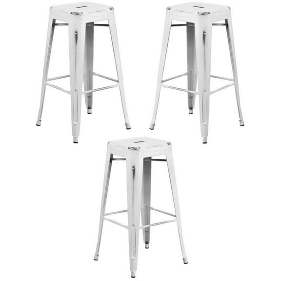 Home Square 30" Metal Backless Bar Stool in Distressed White - Set of 3