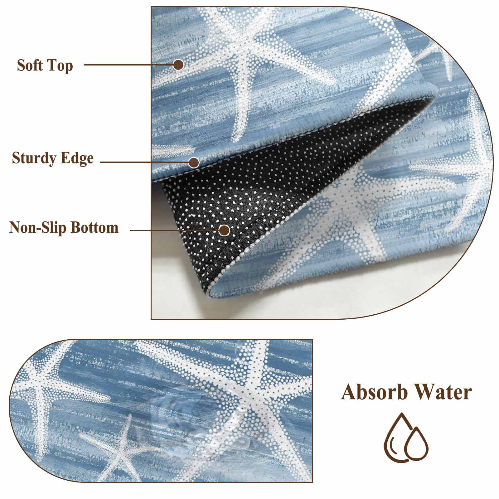 Blue Coastal Area Rugs 4'x6', Washable Small Throw Rugs for Office Bathroom, Summer Ocean Waves Ombre Sea Starfish Indoor Outdoor Rug Non-Slip Low Pile Carpet Runner Reversible Floor Mats