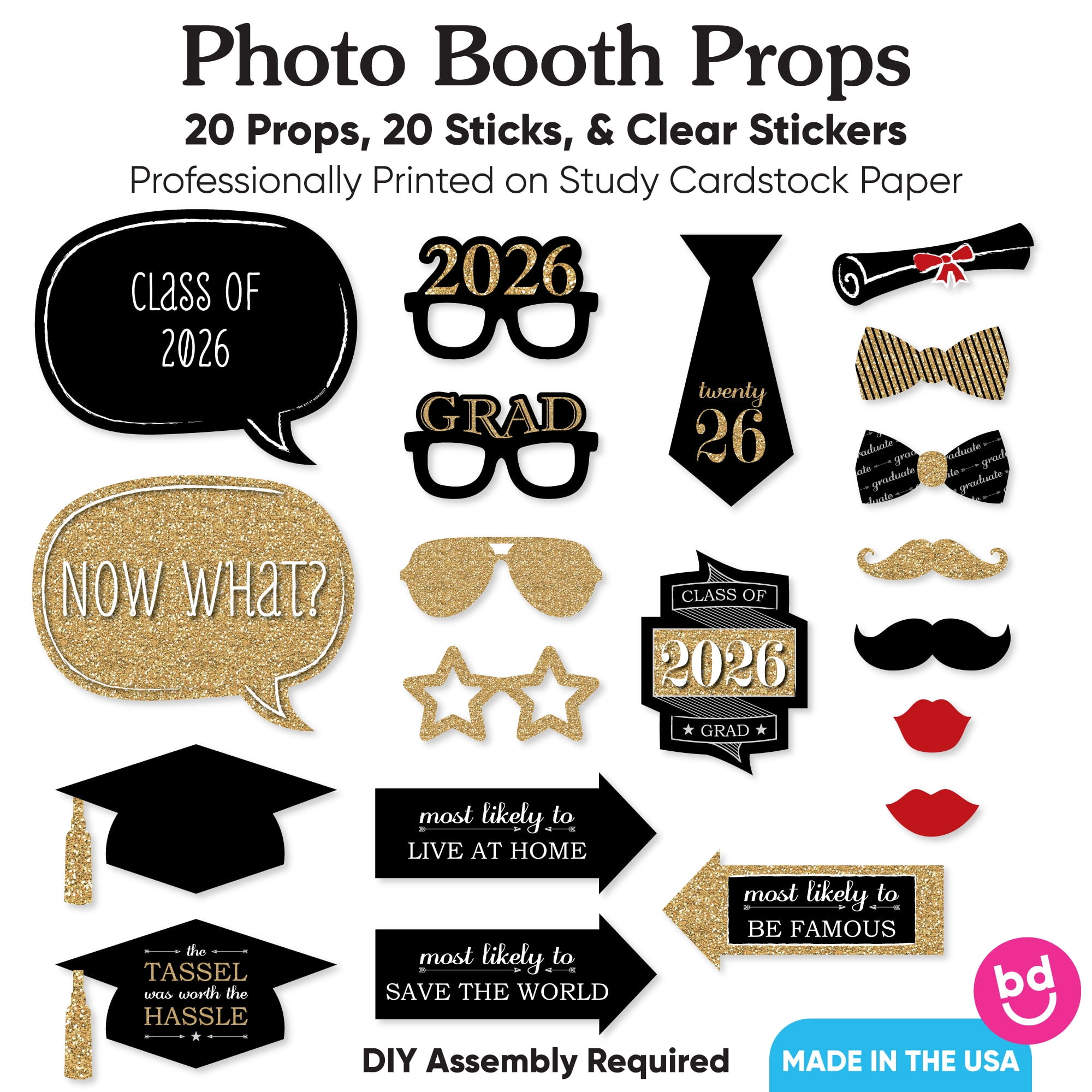 2023 Graduation Photo Booth Props - 22-Piece Black & Gold Set, No Glitter