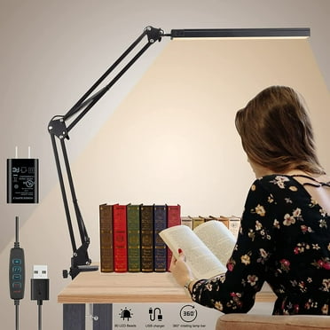 QiShi LED Desk lamp with clamp, Swing Arm Desk lamp, Adjustable Desk Light Eye-Care Table Light(3 Color Modes, 10-Level Dimmer, Eye Care)