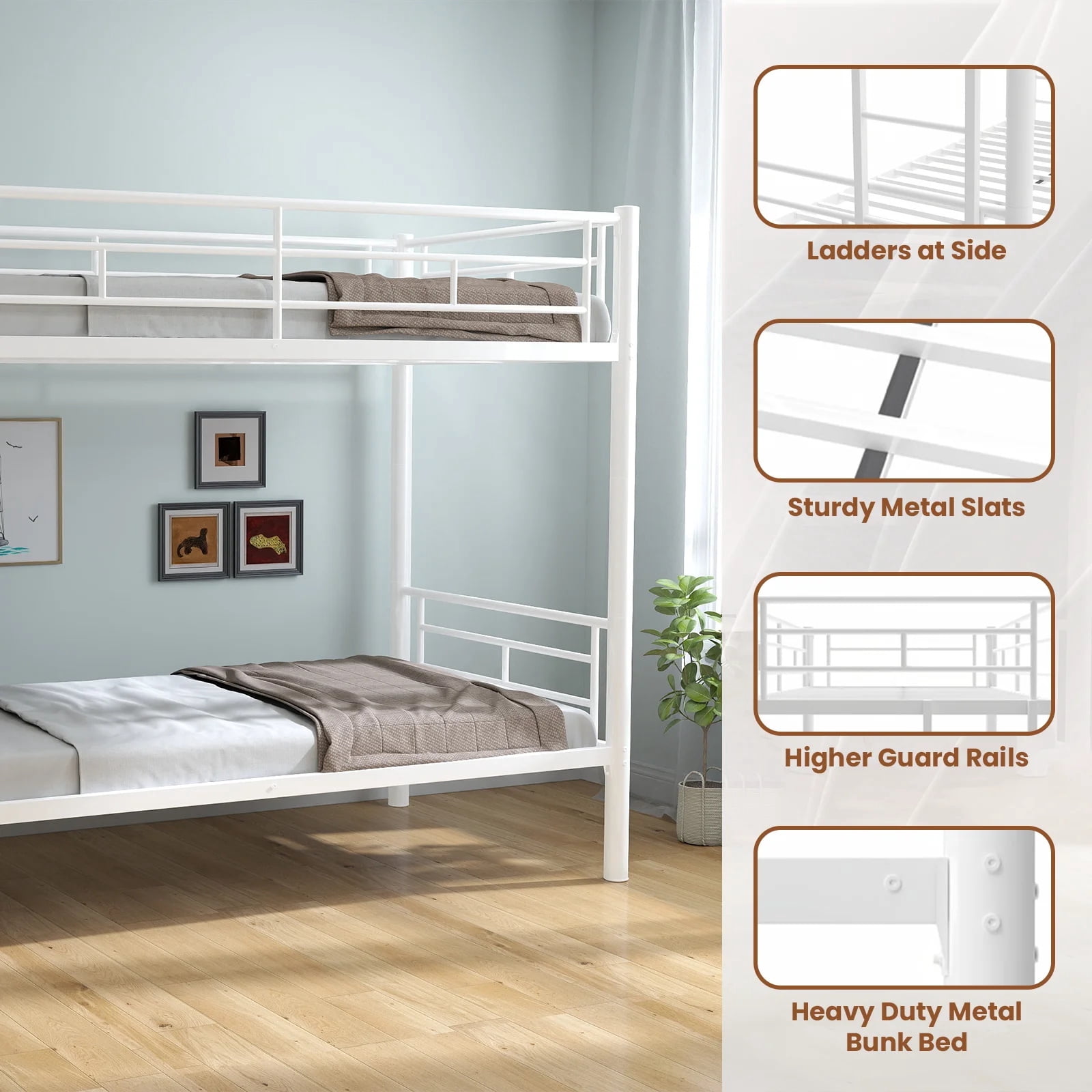 Alvantor Twin over Twin Bunk Beds for Kids Teens, Convertible 2 Beds, Easy Assembly, Load-Bearing 350lb White